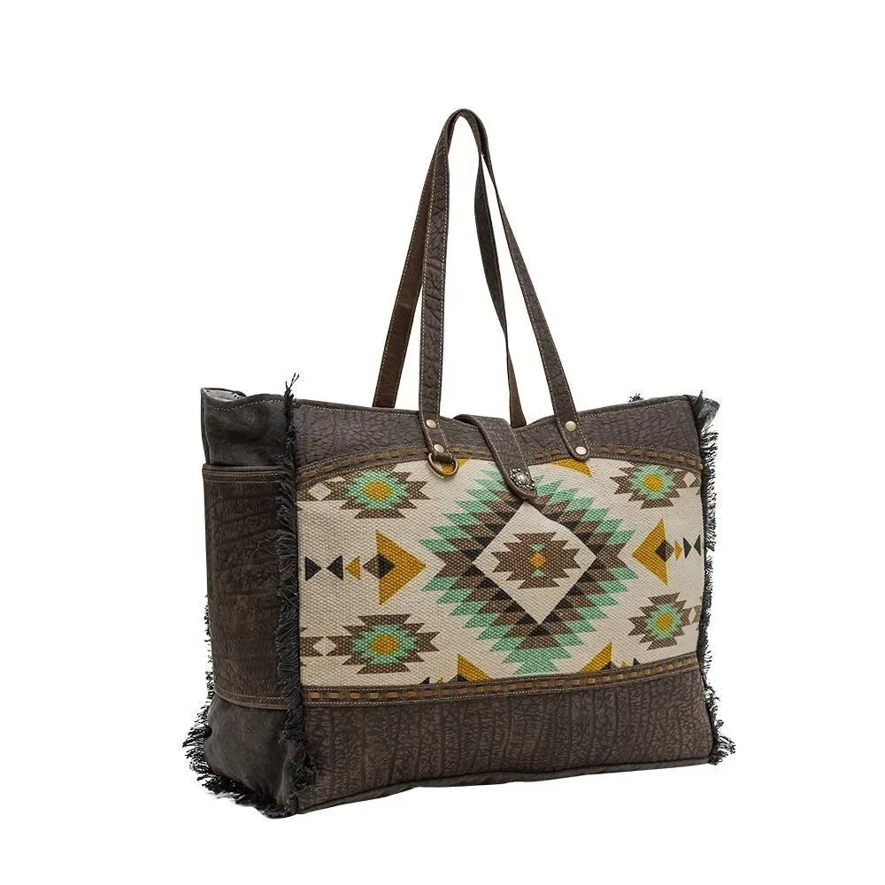 Myra Bag Handmade Flatey Weekender Bag Upcycled Canvas & Cowhide Leather